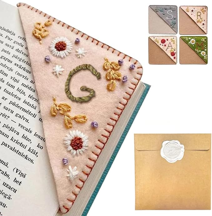 Personalized Hand Embroidered Corner Bookmark, 26 Letters Hand Stitched Felt Corner Letter Bookmark, Cute Flower Embroidery Bookmarks for Book Reading Lovers Meaningful Gift（Spring，G