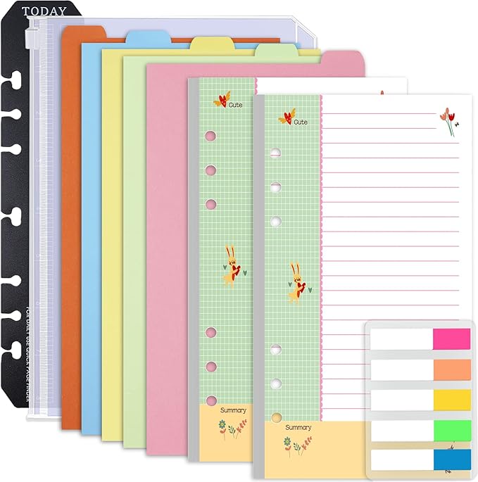 Rancco Cornell-Note Taking-System A6 Planner Refill Paper, 90 Page Colorful 5R Cornell Notes 6-Ring Binder Loose-leaf Inserts w/Zipper Pouch, Binder Divider, Ruler, Index Tab, College Ruled, 6.9x3.7"