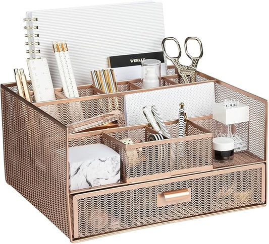 BLU MONACO Large Rose Gold Desk Organizer | 12-Compartment Metal Mesh Desktop Organizer with Drawer | Office Supplies & File Holder for Home Office, Workspaces, Vanity & Craft Storage