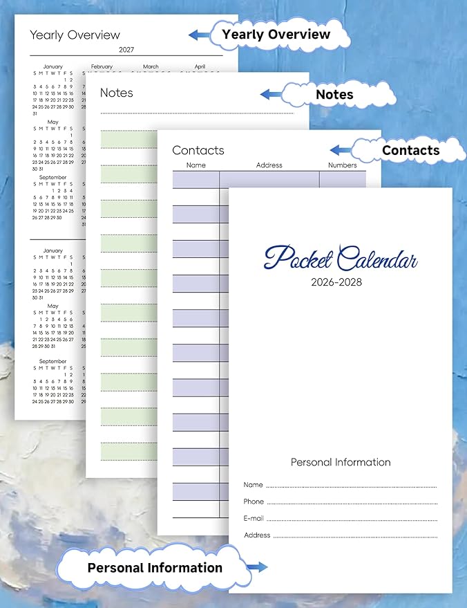 Pocket Calendar 2026-2028 Animal Series, Monthly Planner Jan 2026 to Jul 2028 (3.7" x 6.7") Perfect Purse Calendar, Pocket Agenda with Protective Plastic Sleeve- Cloud Cat