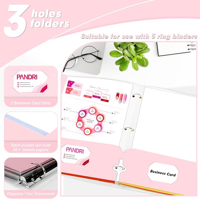 Two Pocket Portfolio Folders, PANDRI 60 Pack 3 Hole Punched 2 Pocket Folders for 3 Ring Binder, Letter Size Paper File Folder for School Office Home Business, Pink