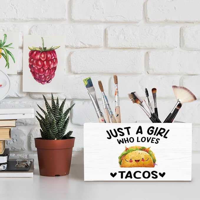Mexican Taco Pen Holder for Desk, Gifts for Taco Lovers Pencil Organizer, Just a Girl Who Loves Tacos Wooden Box Sign Desk Decor for Home Office Decoration