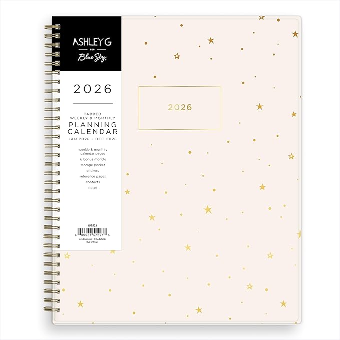 Blue Sky Ashley G 2026 Weekly and Monthly Planner Calendar, January 2026 - December 2026, 8.5" x 11", Flexible Cover, Durable Twin Wire Binding, Laminated Tabs, Pocket & Stickers, Shooting Stars Cream