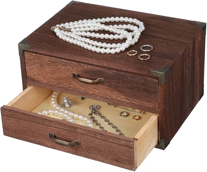 Zerodeko Vintage Wooden Drawer Storage Cabinet with 2 Drawers Compact Desktop Organizer for Office Supplies Makeup Jewelry and Home Storage 9.44X7.08X5.11 Inches