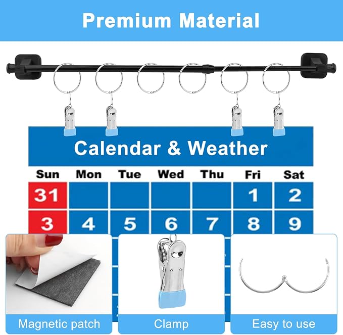 Magnetic Rod for Classroom Whiteboard, Adjustable 16–30 in Stainless Steel Magnetic Flip Calendar Holder with Reading Pointer, Easy to Install Anchor Chart Paper Holder for Preschool, Kindergarten