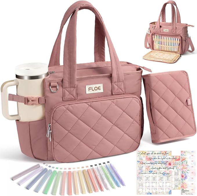Large Bible Bag w/Bible Cover Case for Women, Puffer Bible Tote Bag Quilted Church Bag Carrying Case w/Shoulder Strap, Bible Study Supplies Journaling Kit Accessories Women Christian Mothers Day Gifts