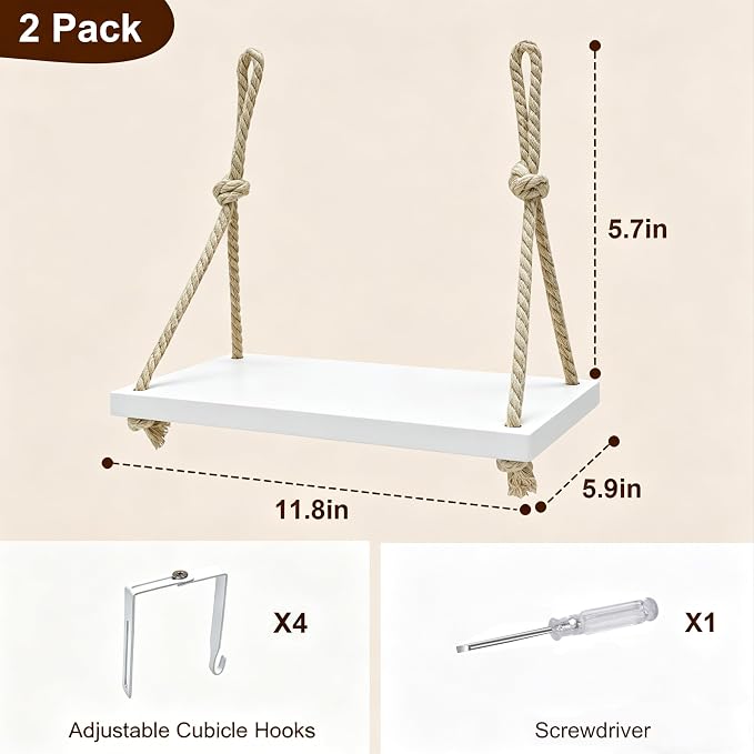 2-Pack Cubicle Shelf Hanging, Office Cubicle Wall Shelf with Rope Adjustable Hooks, Office Decor Desk Accessories, Organizer, Storage in Workspaces