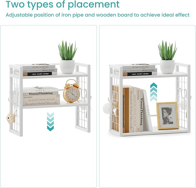 ELITEROO Desk Shelf Organizer, 2 Tier Wood Desktop Bookshelf Storage Rack, Freestanding Tabletop Organizer for Top of Desk, Office Supplies, Books & Decorations, White