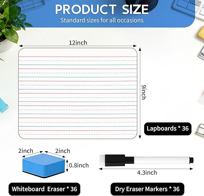 JarThenaAMCS Dry Erase Lapboards 36 Pack Double-Sided 9"x12" Small Lined Whiteboards with 36 Erasers and 36 Markers Mini Portable Drawing Learning Boards for Students Education Teacher Classroom