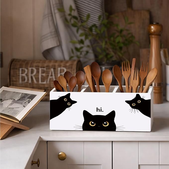 Black Cat Desk Organizer Wooden Pen Pencil Holder for Desk, 3 Compartments Office Desk Accessories, Cute Peeking Cat Desk Decor, Funny Cat Lover Gifts for Women Home Office Desk Storage