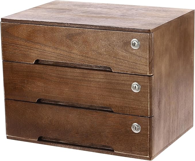 Wooden Desktop Storage Cabinet with 3 Lockable Drawers, Office Desk File Organizer, Small Wooden Drawer Storage Box for Home Office Supplies, Sewing Kits,Vanity, Walnut Color