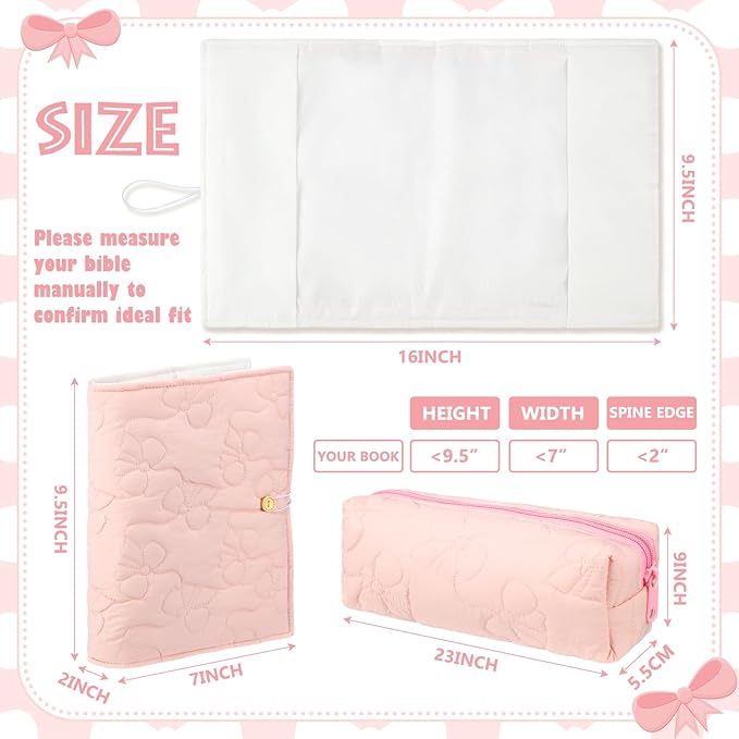 Feifeiya Pink Bow Bible Cover Case for Women with Pencil Pouch Quilted Bible Carrying Case for Hardcover 9.5" x 7" x 2" Christian Gift for Girls Gift for Mom Religious Study Supplies & Accessories