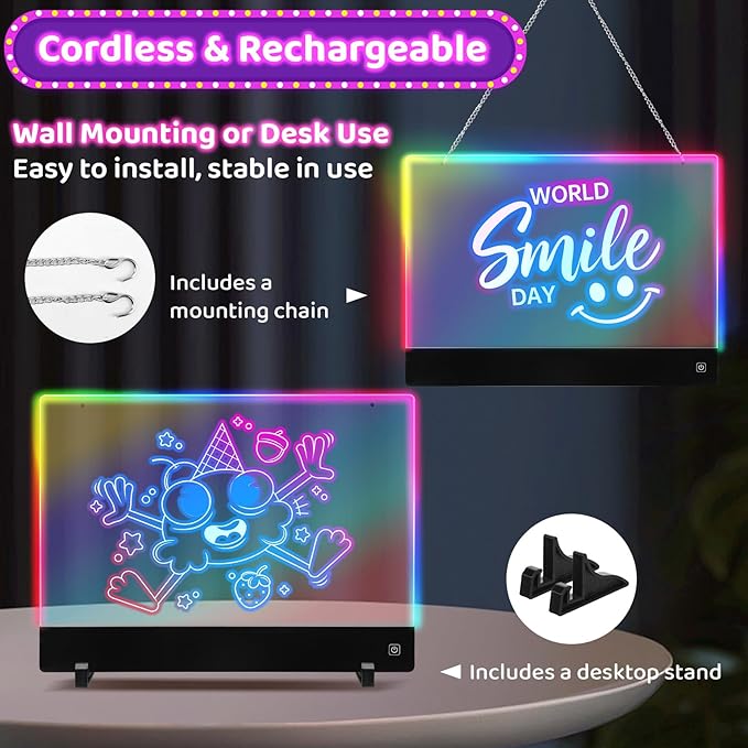 LED Note Board with Colors & Light Effects – Rechargeable 13'' Portable LED Drawing Board Doodle Glow Memo Message Dry Erase Lumi Boards Gift for Boys, Girls, Classroom, Office, Birthday & Valentines