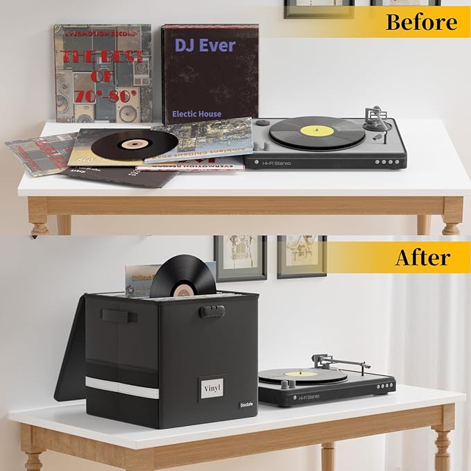 DocSafe Vinyl Record Storage Box with Lock,Fireproof＆Water Resistant Record Organizer Storage for 100+ Single Records(12-inch),Collapsible Storage Crate with Lid&Handles for Valuable Album Collection