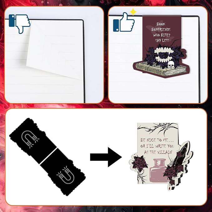Dark Romance Magnetic Bookmarks for Women - Wxiben 10 Pcs Gothic Flower Skull Magnet Book Page Markers Funny Rose Skeleton Bookmark Clips Gifts for Men Book Lovers Romance Reader Office Supplies
