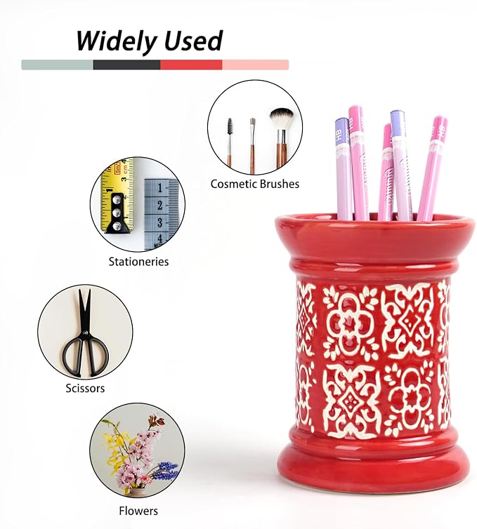 Printed Pencil Holder, Cute Pen Holder for Desk, Ceramic Carved Cylinder Pencil Holder, Office Decoration Container Islamic Style(Red)