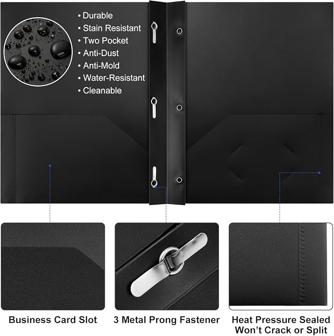 Cholemy 72 Packs Pocket Folders with Prongs Heavy Duty Plastic Folder with Business Card Slot 3 Prong Fasteners for School Office (Black,Blue)