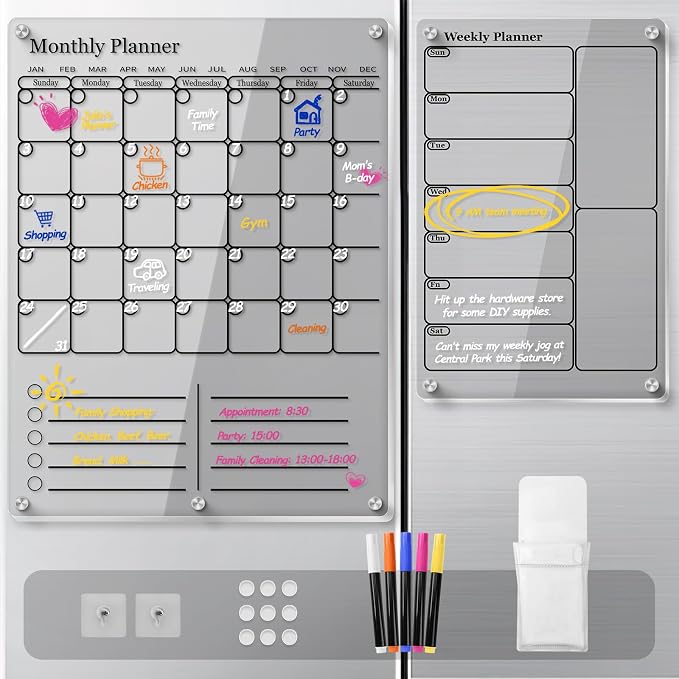 IDEATECH Calendar 2025 Planner for Fridge & Wall, Acrylic Magnetic Calendars for Refrigerator, Clear Monthly Dry Erase Board to Do List WhiteBoard, Kitchen Menu Board Meal Planner(2 Pack, Black)