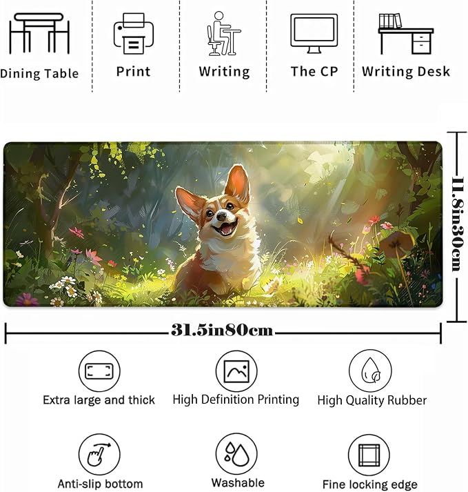 Cute Dog Mouse Pad，Corgi Gaming Keyboard Mat，Laptop Computer Protector with Non-Slip Rubber Base，Large Extended MousePads Gifts for Desk Office Home，Deskmat Decor 31.5" x 11.8"