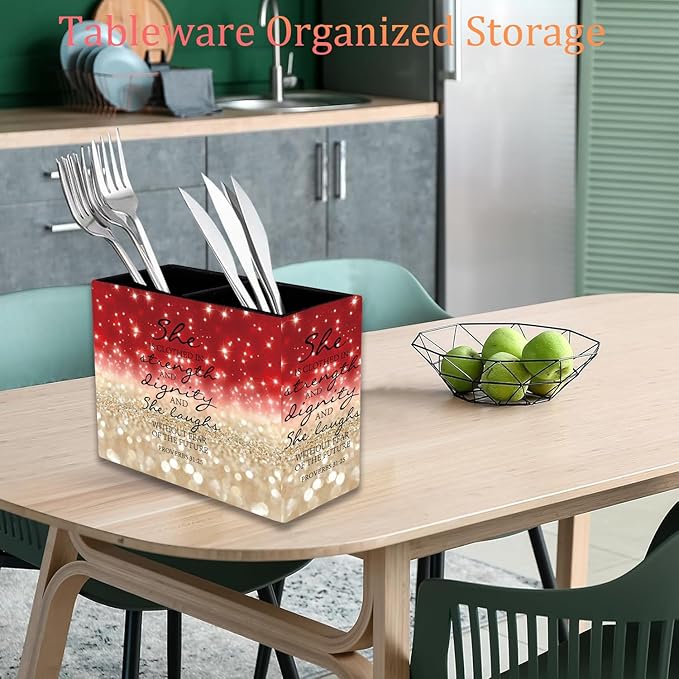 Pen Holder, Pencil Case, Makeup Brush Storage Box, Tableware Storage Box, Suitable for Office Or Home Item Organizing Stand - Red Glitter Quote Proverbs 31-25