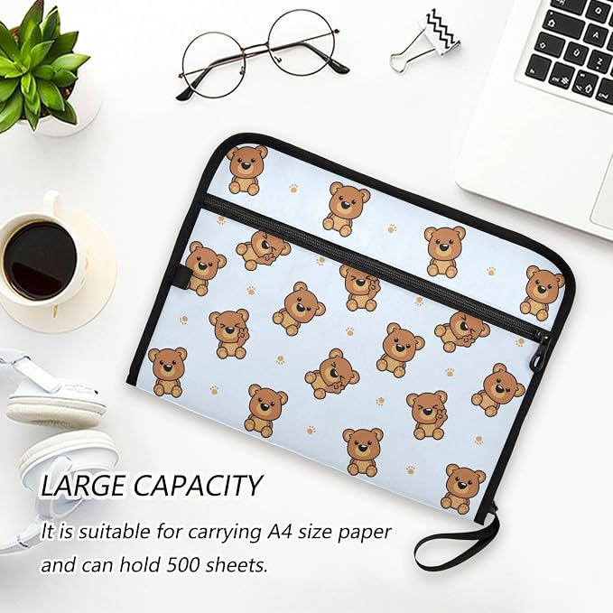 Cute Brown Bear Cartoon File Folders,Plastic Folders with 13 Pockets,Expandable File Folder for Documents School Students Office,Aesthetic Folder with Labels A4 Letter Size