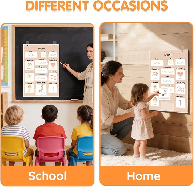 Calendar Pocket Chart for Kids, 21.5"H×14.25"L, 155 Laminated Cards with Back Storage Pocket, Early Education Teaching Supplies