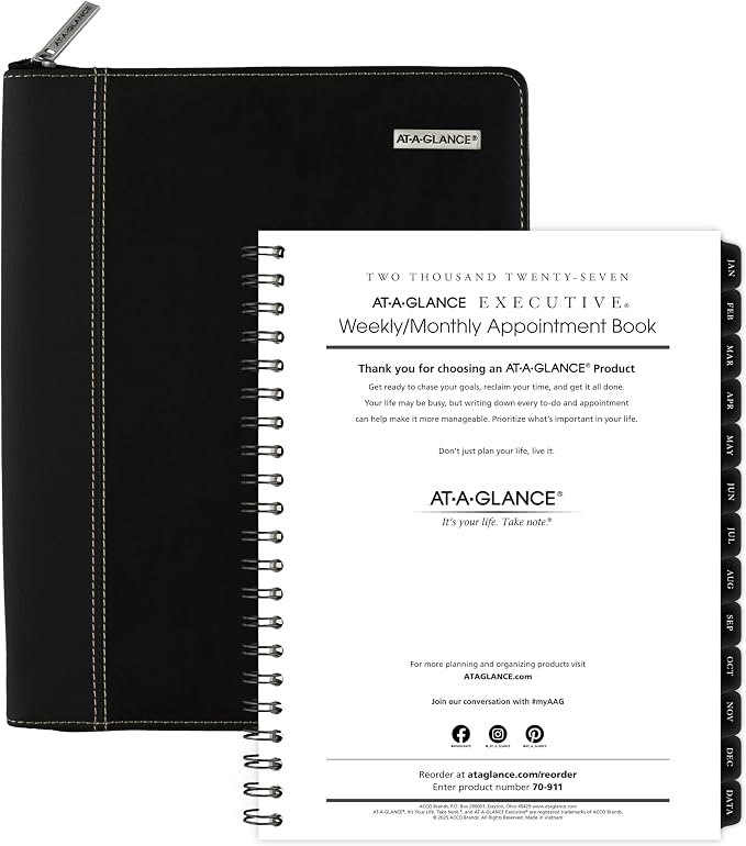 AT-A-GLANCE 2027 Planner Refillable Padfolio, Weekly & Monthly, 10" x 12.5", Executive, Zipper, Black (70NX810527)