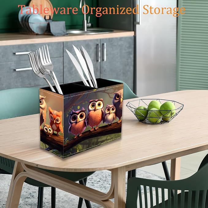Pen Holder for Desk, PU Leather Multifunctional Desktop Storage Box and Anti-Slip Mouse Pad Set, Makeup Brush Holder Pen Organizer for Office and Home - Cute Owl