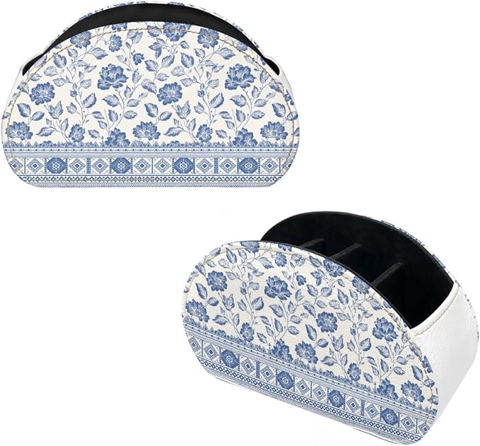 Blue and White Flower Office Desk Organizers with 5 Compartments, Remote Control Holder Desktop/TV Stand/Nightstand Remote Caddy,for Glasses/Cosmetic Brushs/Pens