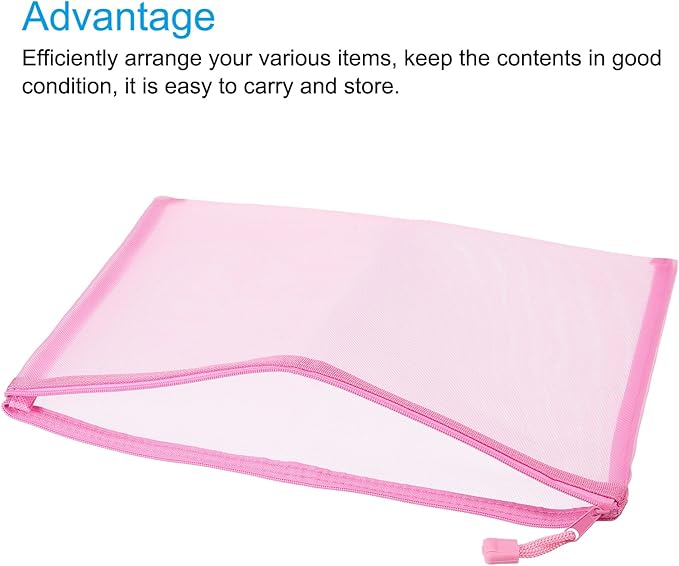 MECCANIXITY Mesh Zipper Bags, A4 Nylon Zip Pouch Pencil Case Storage Pockets for Travel Office Accessories, Pink Pack of 6