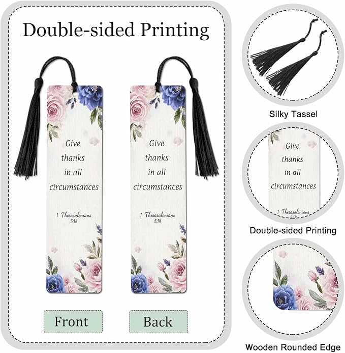 Pink Blue Flowers 5 Pcs Bookmarks Give Thanks Bible Word Wooden Bookmarks with Tassel for Students Reader Teachers Book Lovers
