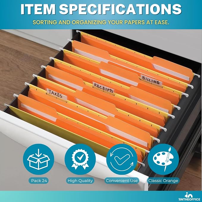 1InTheOffice Orange File Folder, Durable Folder, File Folder Letter Size, 1/3 Cut Assorted Tab, 24 pcs (24)