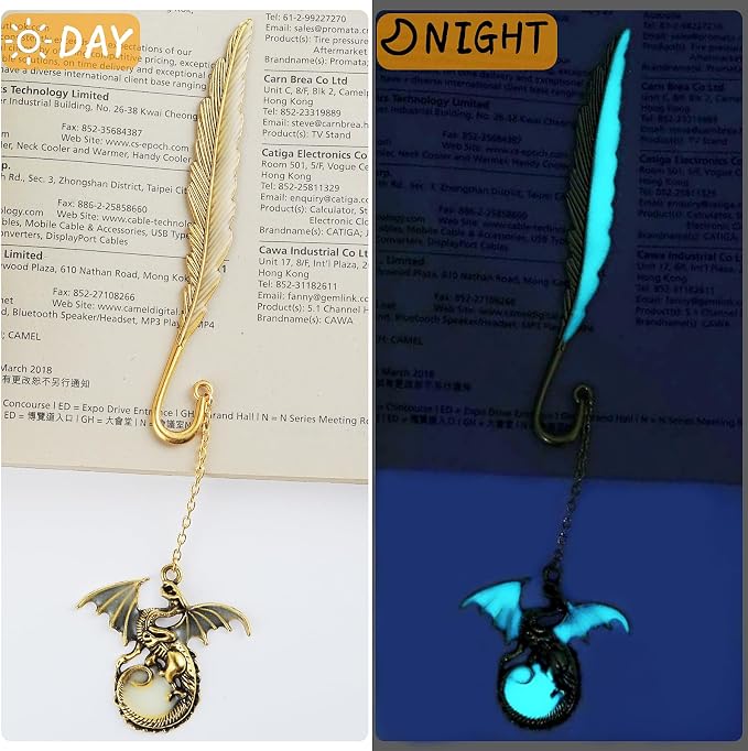Jeffdad Feather Dragon Bookmark - Glow in The Dark Fantasy Bookmark Gifts for Women & Men (Gold Dragon)