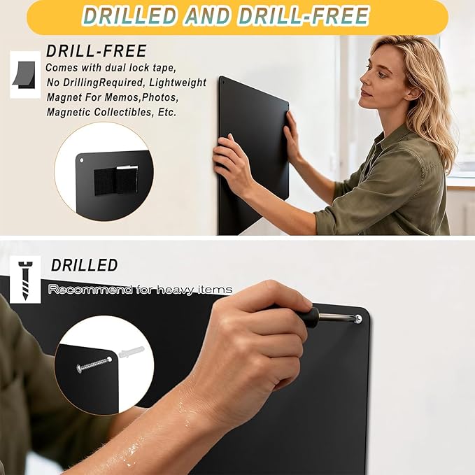 16" x 12" Magnetic Board, Black Magnet Bulletin Board to Display Magnetic Letters, Suitable for Wall, Refrigerator, Compartment, Cabinet etc, with Dual Lock Tape and Screws for Easy Hanging