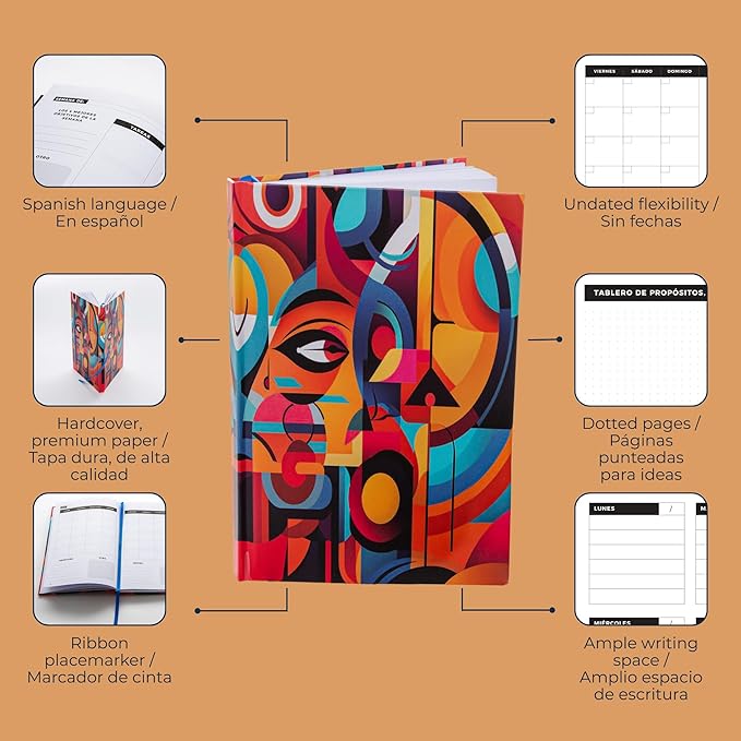Spanish Weekly Planner & Habit Tracker – Undated 6"x9" Agenda en Español – Goal Setter, Monthly & Daily Organizer – Multicolor Hardcover