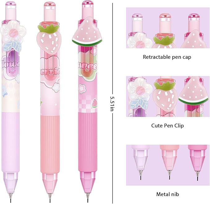6Pcs Cute Pink Coquette Strawberry Mechanical Pencils with Eraser 0.7mm Kawaii Strawberry Mechanical Pencil School Pencil Cat Gifts for Women Man