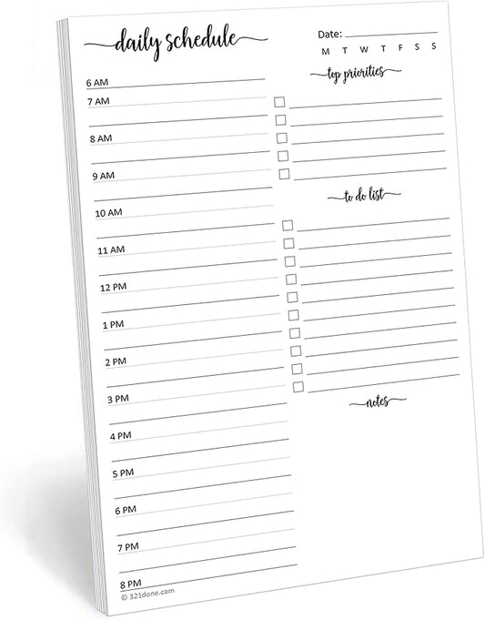 321Done Daily Schedule Planning Notepad - 5.5x8.5 Hourly Appointment Daily Planner To Do Checklist, 50 Sheets Tear-Off Note Pad - Made in USA