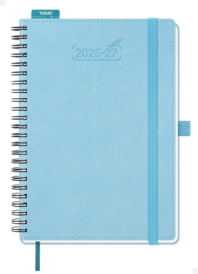 BEZEND Weekly Planner 2026-2027 (6" x 8.5") with Hourly Timeslots (Jul 26-Dec 27) 18 Months Academic Calendar & Monthly Tabs, for Students, Work & Home, Spiral PU Leather Softcover -Sky Blue