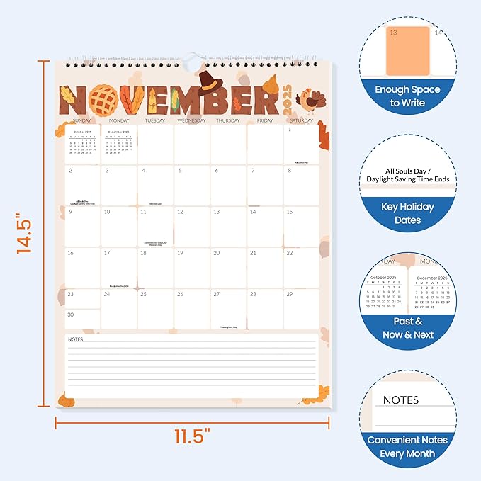 SUNEE Wall Calendar 2025-2026- 18 Months Oct. 2025 - Mar. 2027, 11.5"x14.5" Vertical Grid Hanging Calendar with Note for Organizing & Planning, 2026 Monthly Calendar with Last Month and Next Month, Cute