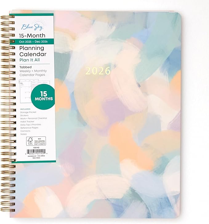 Blue Sky 15 Month 2026 Weekly and Monthly Planner Calendar, October 2025 - December 2026, 8.5" x 11", Laminated Cover, Durable Twin Wire Binding, Laminated Tabs, Storage Pocket, Includes Stickers, Soren