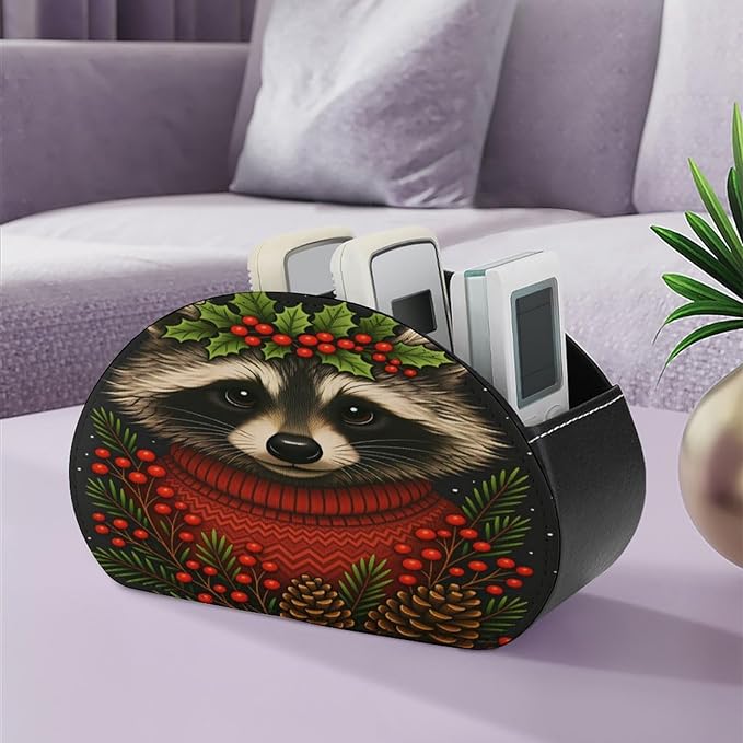 Christmas Raccoon Remote Control Holder with 5 Compartment PU Leather Multi Functional Desk Storage for TV Remotes Office Supplies