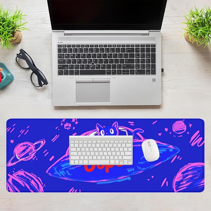 Cute Space Desk Pad Mouse Pad Cosmic Cat Neon Cartoon Extended Gaming Mousepad Mat with Stitched Edge Non-Slip Base Big Mousepad Office Home Decor for Women Girl 31.5"x11.8"