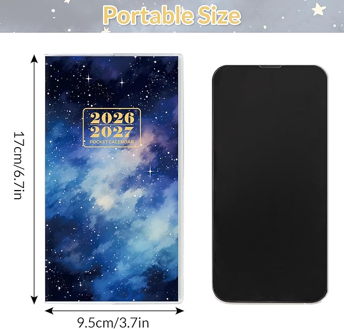 Pocket Calendar 2026-2027, Purse Monthly Planner, Runs from January 2026 Until December 2027, 3.7" x 6.7", Pocket Calendar with Star PVC Cover for Office