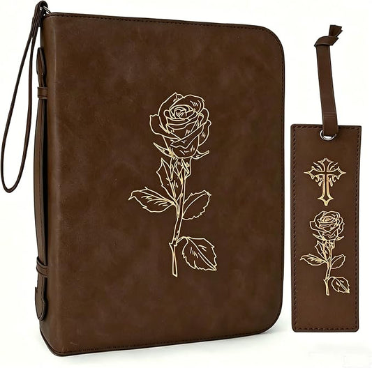 Bible Covers for Women & Men, Leather Bible Case with Rose Bookmark, Bible Supplies Carrying Bag Tote with Strap, Personalized Gift for Study, Journaling, Church-Dark Brown