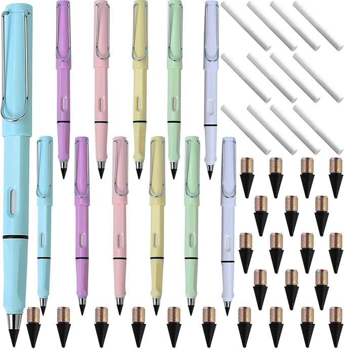 FLTON 36 Pcs Portable Erasable Inkless Pencil Set(12 Pcs Everlasting Pencils with Eraser+24 Pcs Replaceable Nibs) for Writing and Art Sketch