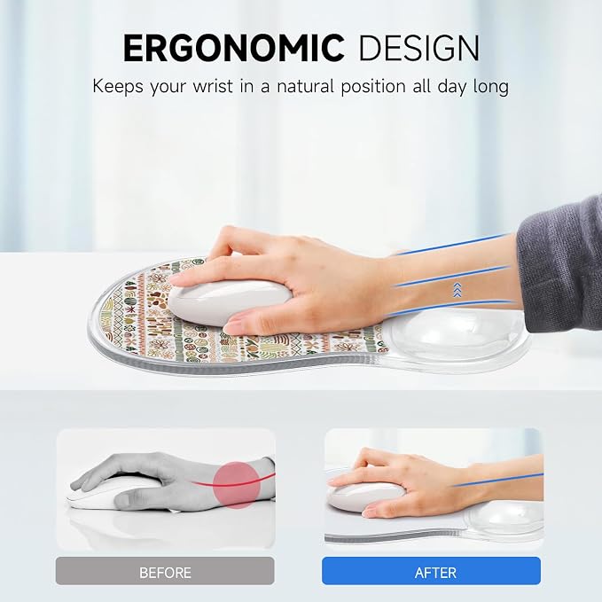 AUPET Ergonomic Mouse Pad with Gel Wrist Support – Non-Slip Mouse Mat with Comfortable Memory Gel Cushion – Relieves Wrist Pain – Designer Pattern for Home Office & Gaming (Geo-Floral Stripe)