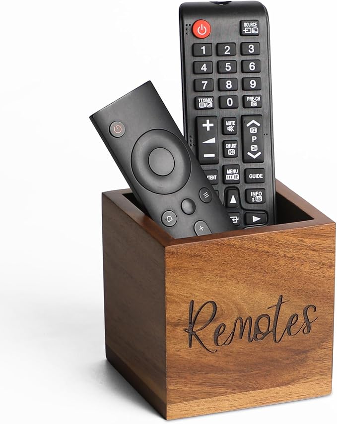 Remote Control Holder, Farmhouse Wood TV Organizer for Table, Wooden Remote Control Organizer, Remote Storage Caddy, Remote Control Organizer (Brown, 3.5 Inch Labeled Remote)