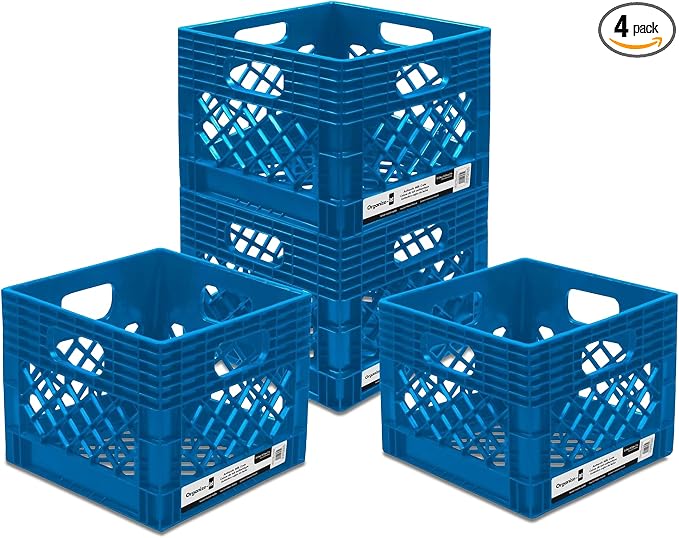 ORGANIZE-IT! 4 Pack Storage Milk Crate, Heavy Duty Versatile Box Organizers with Easy-Grip Handles, Interior 12.25"L x 12.25"W x 10.5"H, Blue