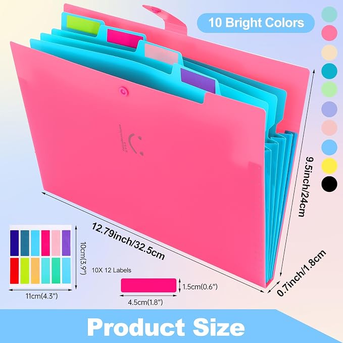 Expanding File Folders with 5 Pocket,A4 Letter Size Accordion Document Organizer,Plastic Expandable File Folder with Snap Closure, 120 Labels in 12 Colors for Office Supplies, Pack of 10