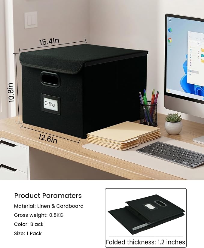 Qerlei File Organizer Boxes with Lids,Collapsible File Folder Organizer with Plastic Slide,Collapsible Filing & Storage Boxes for Office/Decor/Home (Black, 2 Pack)